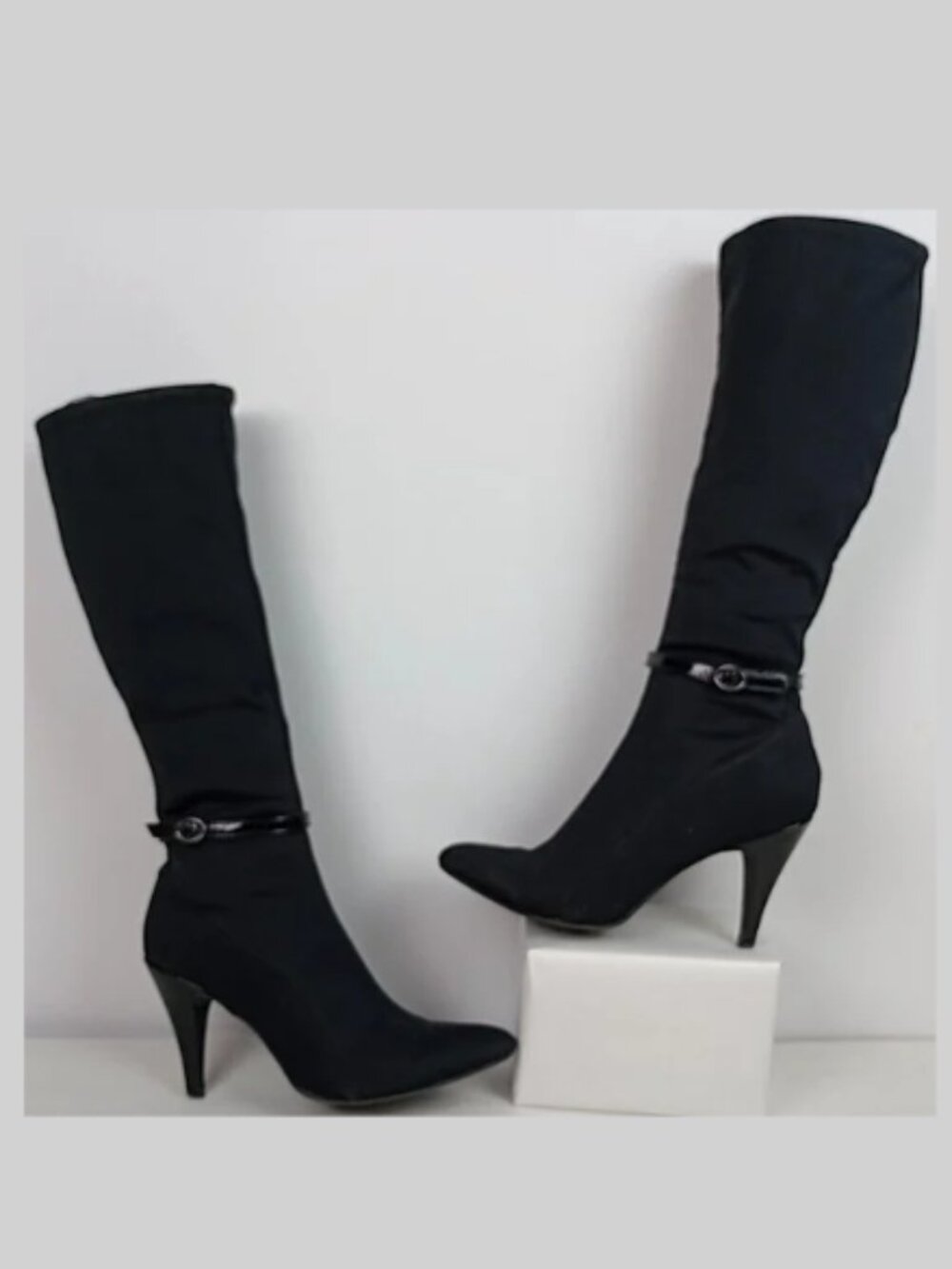 Nine West Chelsis Women Black Fabric Knee High Side Zip Stilleto High Heel Boots